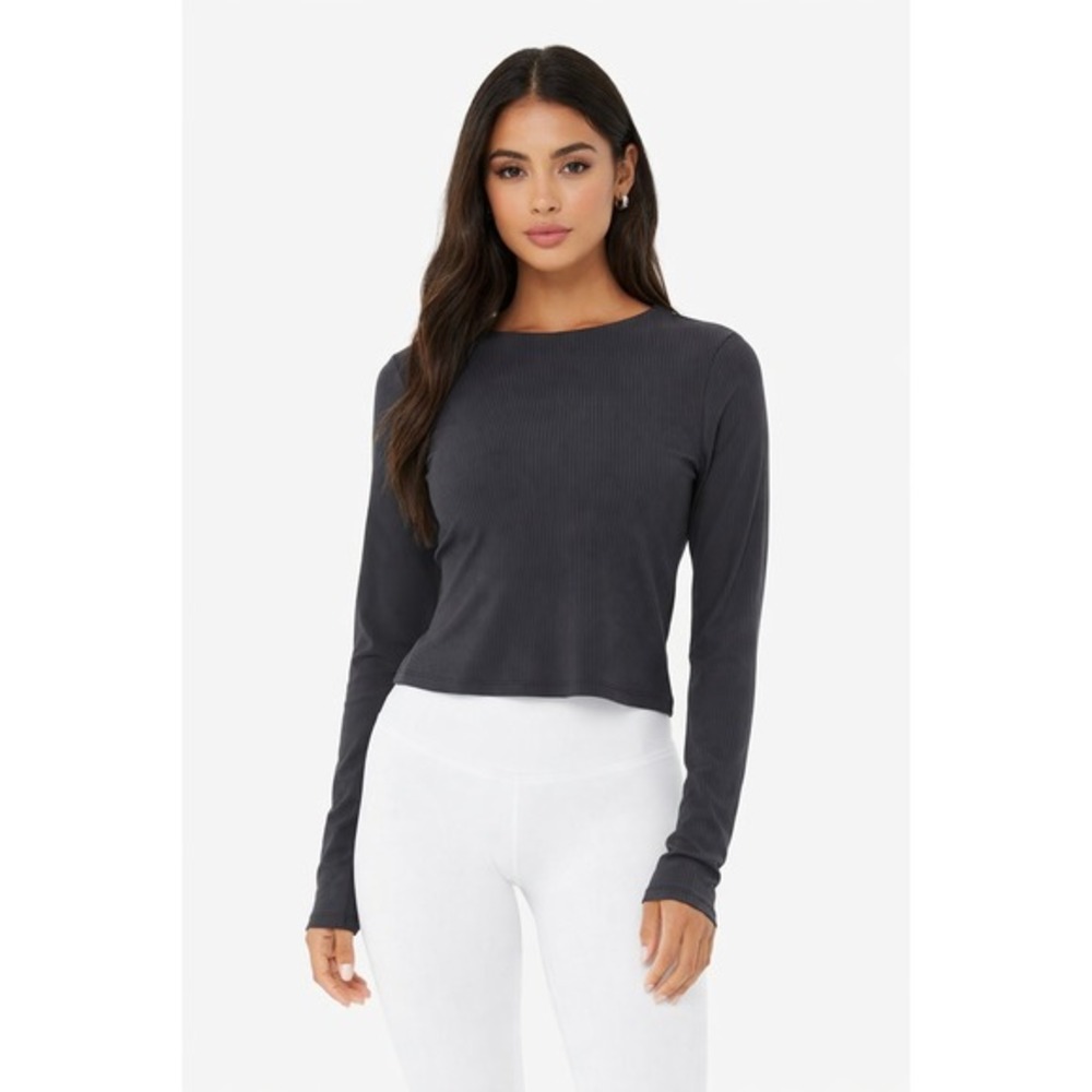 All Row Ribbed Long Sleeve Top Women Small Charcoal Grey‎